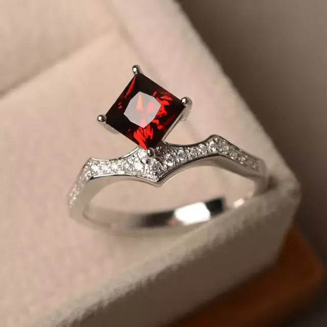 Red Garnet Ring Engagement Ring Wedding ring for women Princess cut shape stone