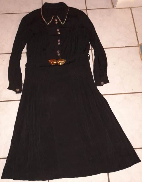 Exceptionnelle Robe Ancienne Annees 30 Ceinture Feuille Dorée