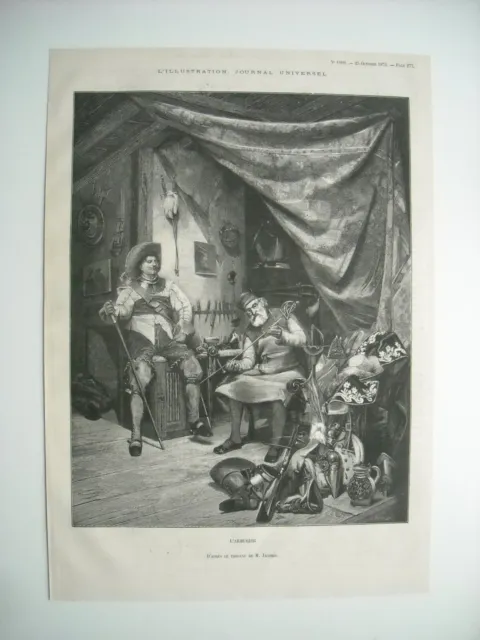 Gravure 1873. L’armurier. D’apres Le Tableau De M. Jacomin, Peintre Francais.