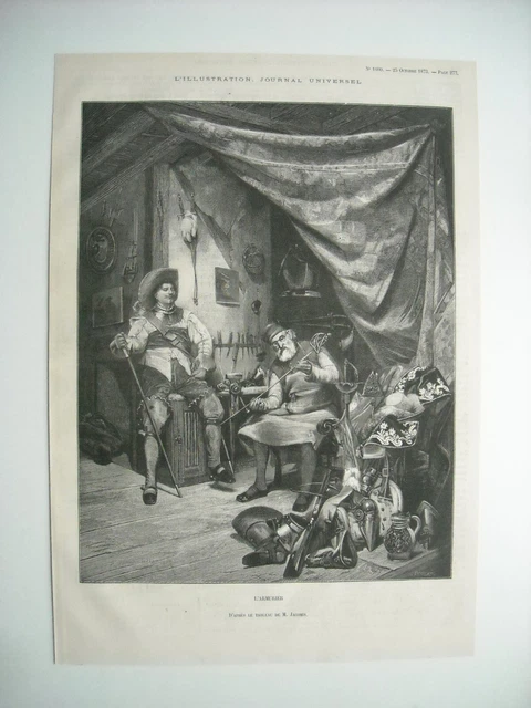 Gravure 1873. L’armurier. D’apres Le Tableau De M. Jacomin, Peintre Francais.