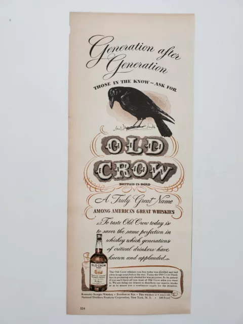 Old Crow Kentucky Bourbon Whiskey Black Crow Bottle 1943 Vintage Print Ad