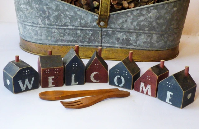 Vintage Welcome Wood 2" Blocks Sign and Fork Spoon Primitive Country Farmhouse