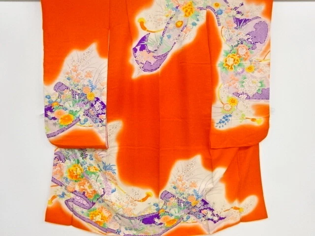 44886# Japanese Kimono / Antique Kimono For Girls / Embroidery / Scroll With Flo