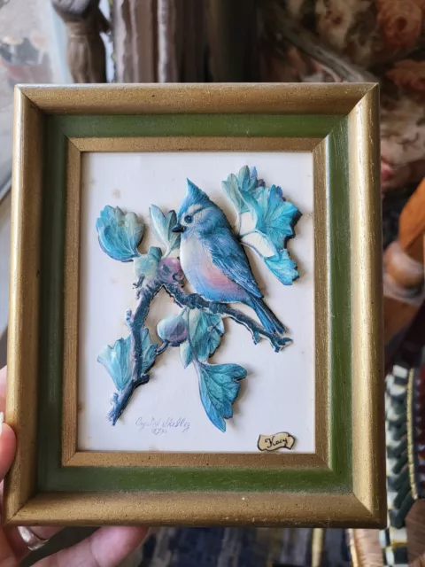 Vintage Crystal Skelley Shadow Box Bird on Tree 3D Paper Art Framed Signed 1986