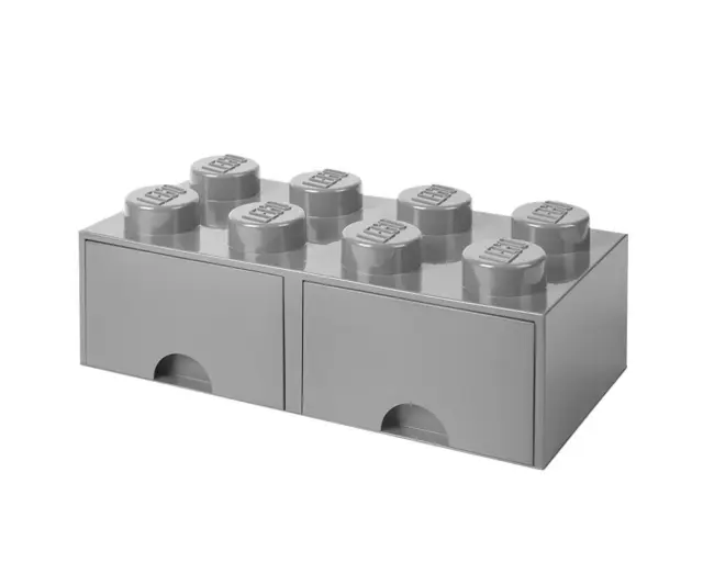 LEGO cajón de ladrillo, 8 perillas, 2 cajones, caja de almacenamiento apilable, gris piedra