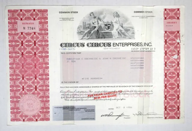 NV. Circus Circus Enterprises, Inc., 1986. 500 Shrs I/U Stock Cert. XF-AU. ABNC