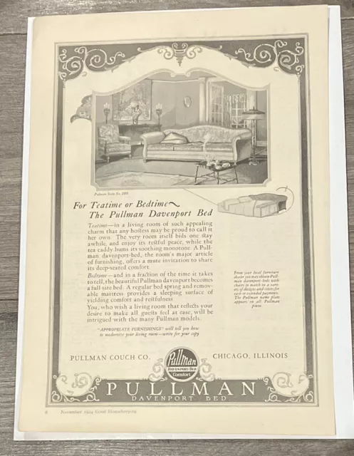 Vintage 1924 PULLMAN Davenport Couch Bed Good Housekeeping Magazine Print Ad