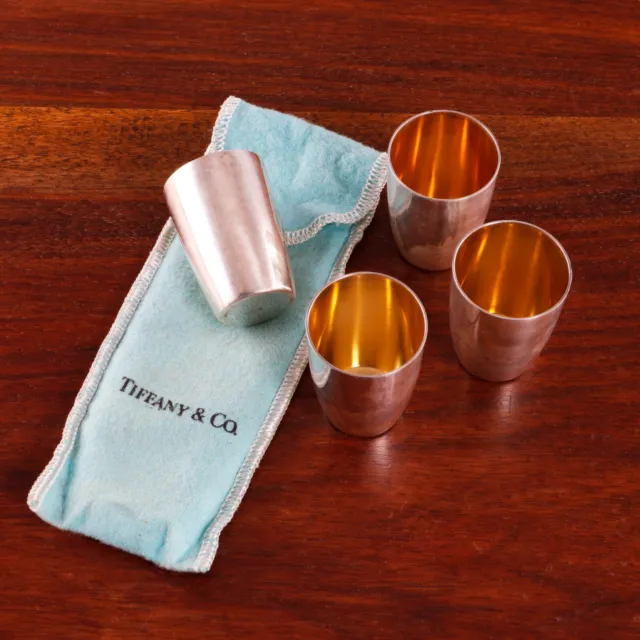 4 Tiffany Sterling Silver Parcel Gilt Liquor Shot Cups W/ Pouch No Monogram