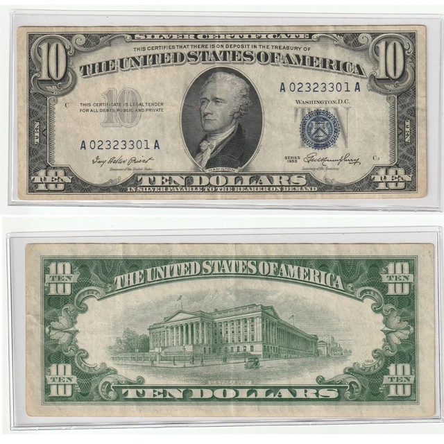 Rare 1953 $10 Ten Dollar United States Silver Certificate Blue Seal Bill