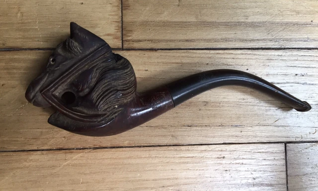 ANCIENNE GRANDE PIPE Bois Corne Fourneau Porcelaine Decor Lievre Cheval