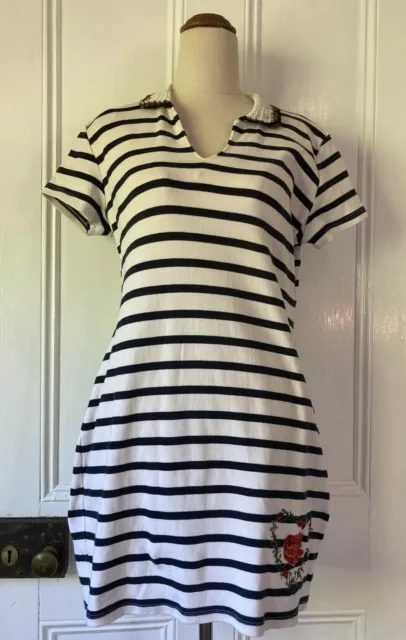 Desigual size 10 Black white stripe T-Shirt Dress collar short sleeve cotton emb