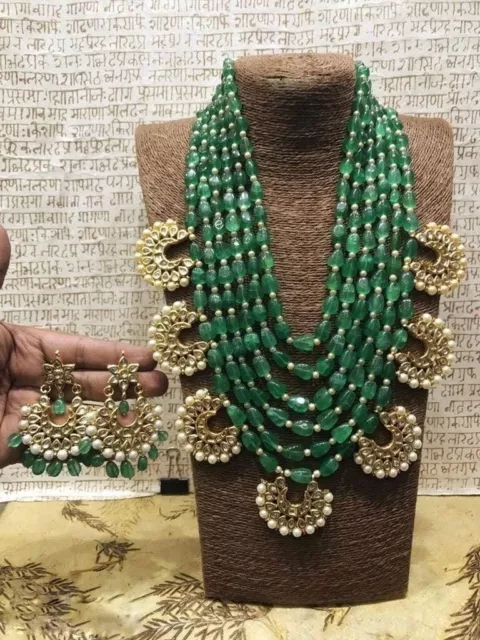 Bollywood Kundan Lang Groß Haram Halskette Schmuck Smaragd Grün Set Raani Haar