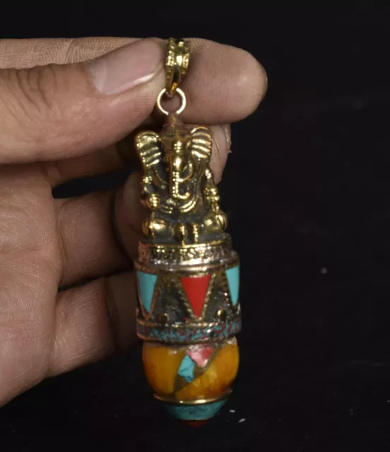 3.2" Old Tibet Beeswax Copper Ganesh Lord Ganesha Elephant God Buddha Pendant