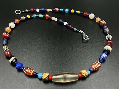 Indo Himalaya Roman Glass Lapis Agate Old Trade Jewelry Beads Necklace Dzi Stone