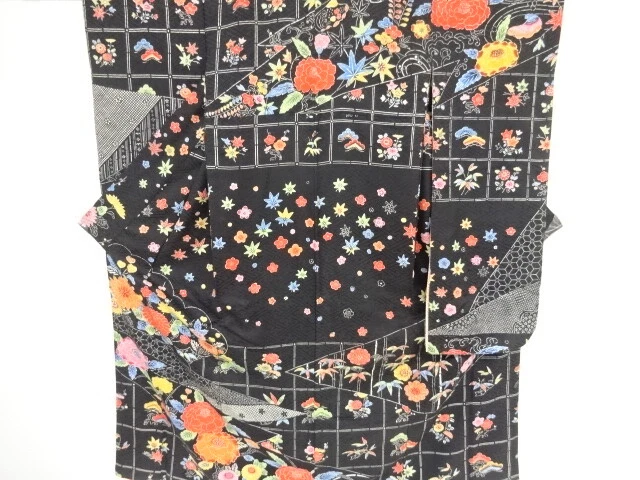 44891# Japanese Kimono / Antique Furisode / Floral Plants