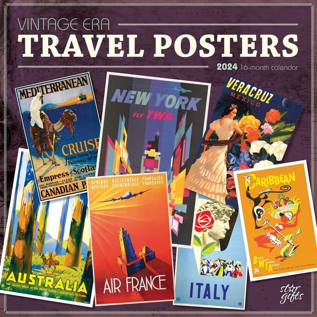 VINTAGE ERA TRAVEL Posters 2024 12x24" Monthly Square Wall Calendar