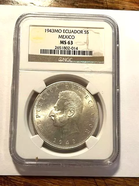 1943-Mo Ecuador 5 Sucres Silver NGC MS63 #14510