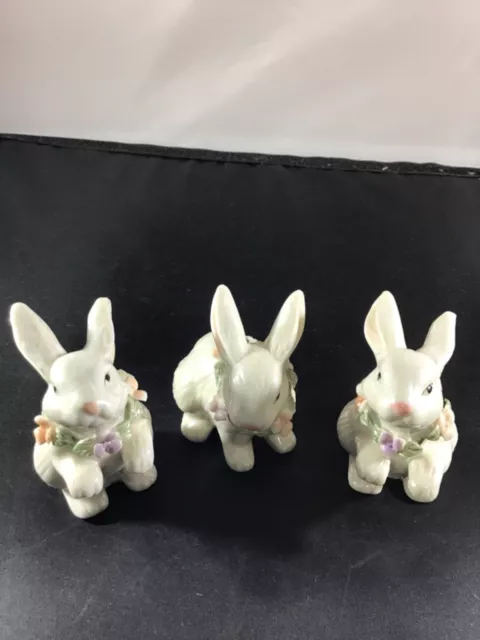 vintage set of three Iridescent porcelain ceramic bunny figurines