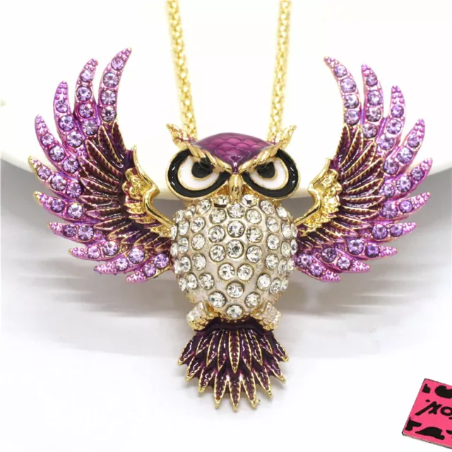 Fashion Purple Enamel Cute Owl Animal Crystal Pendant Chain Women Necklace