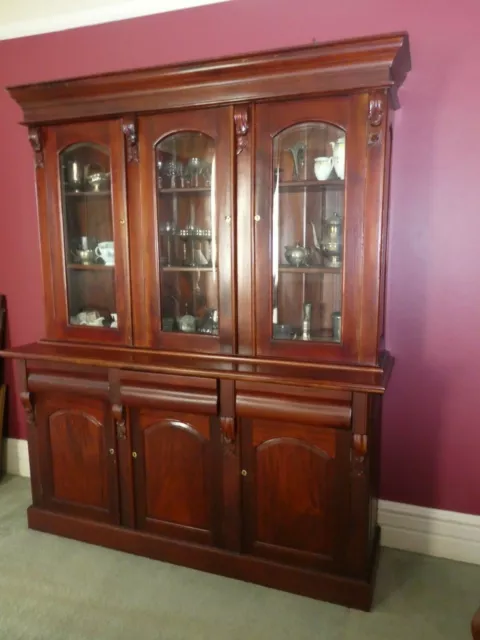 Solid Mahogany Large Antique Victorian Style 3 Door Display Cabinet / Bookcase