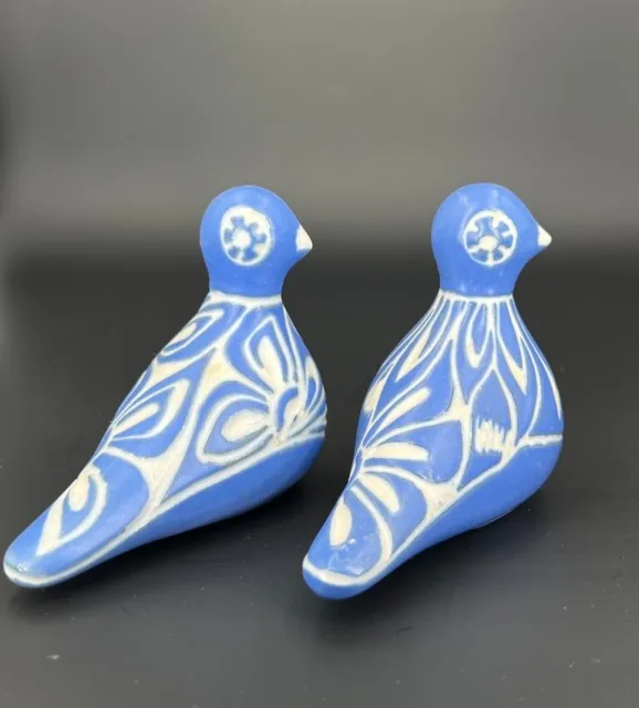 Pablo Zabal Vintage Folk Art Blue & White Bird Dove Pottery Figurine Lot of 2