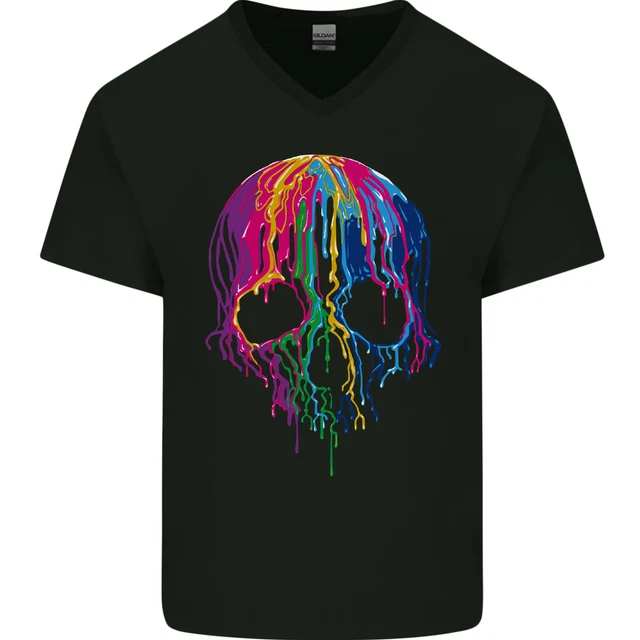 T-shirt da uomo Melting Skull Biker moto gotica collo a V cotone