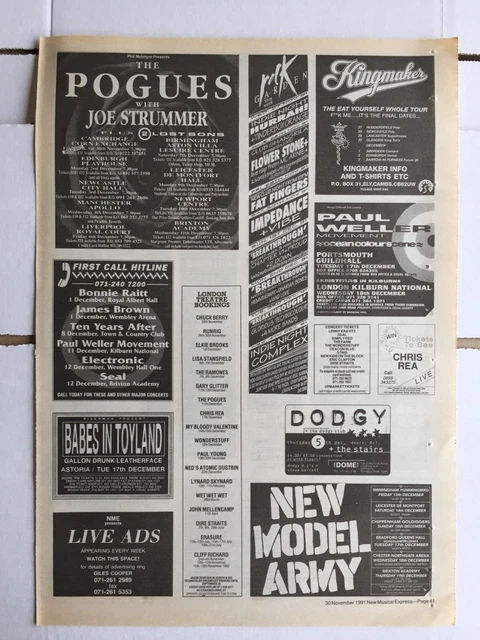 1991 NME Concert Advert Page - The Pogues, New Model Army, The Farm...etc