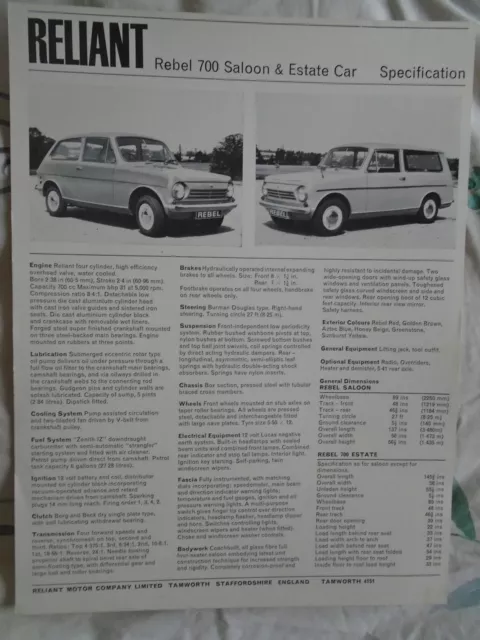 Reliant Rebel 700 Saloon & Estate Car Specification sheet brochure undated