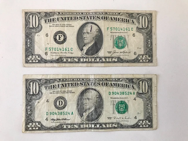 (2) $10 Ten Dollar Bill Federal Reserve Note Vintage Old Currency - 1985 & 1995