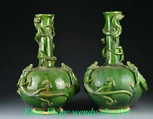 14" Old China Green Glaze Porcelain Dynasty Palace Dragon Beast Bottle Vase Pair