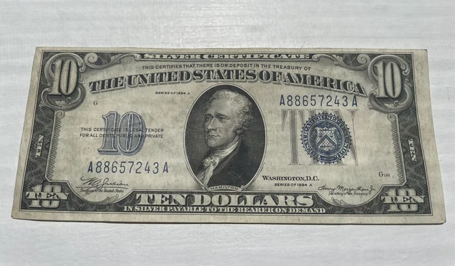 1934 Ten Dollar Blue Seal Note Silver Certificate Old US Bill $10 Money Currency