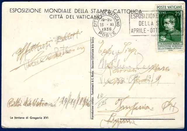 Vaticano - 1936 - Cartolina resa franca con "Stampa Cattolica" cent.25 (n.49)