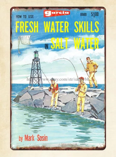 Garcia 1968 book cover Fresh Water Skills in Salt Water tin sign home accents