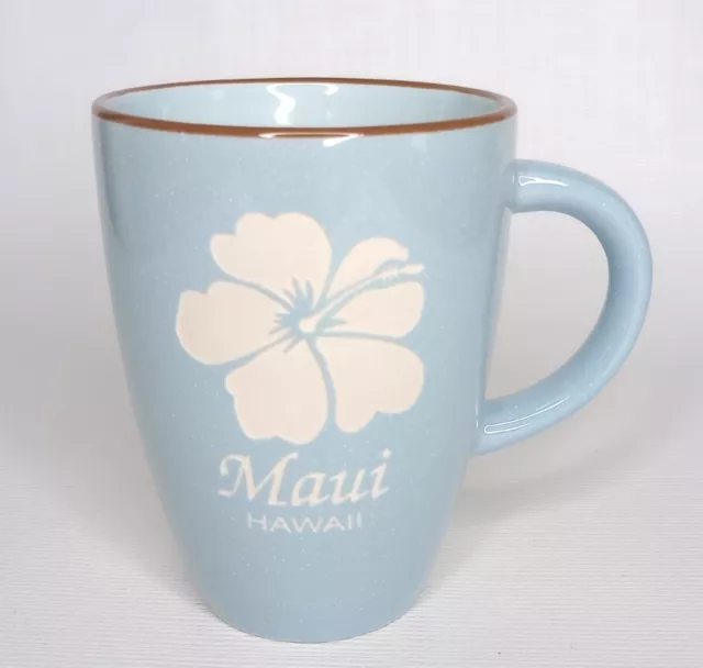 Maui Hawaii White Hibiscus Blue Stoneware Souvenir Coffee Mug