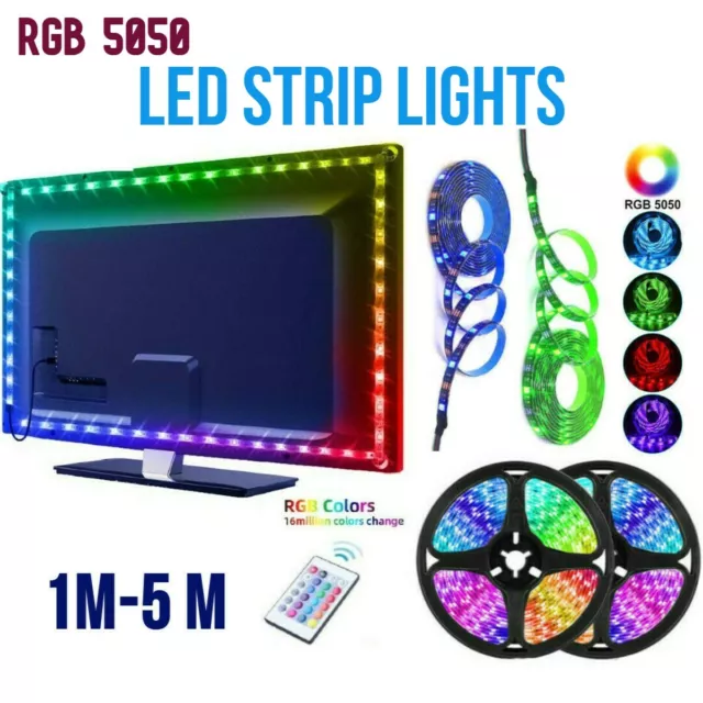 LED Strip Lights 1- 5m RGB 5050 Colour Changing Tape Cabinet Kitchen TV Lighting 2