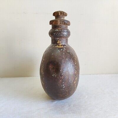 19c Vintage Primitive Iron Brass Oil Pot Container Original Old Wooden Cap Rare 3