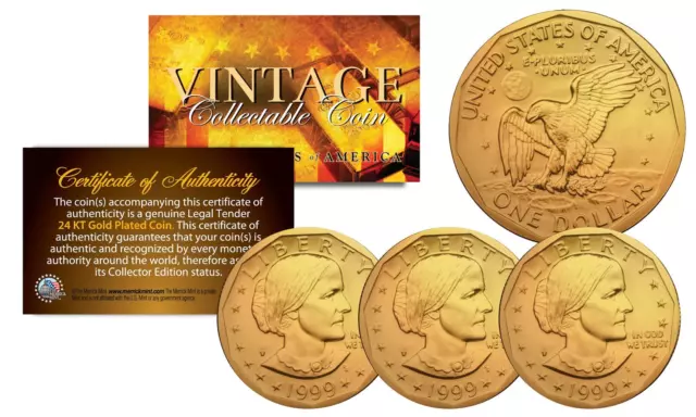 Susan B. Anthony US Coin Authentic 24K GOLD PLATED w/ Capsules & COAs (LOT of 3)