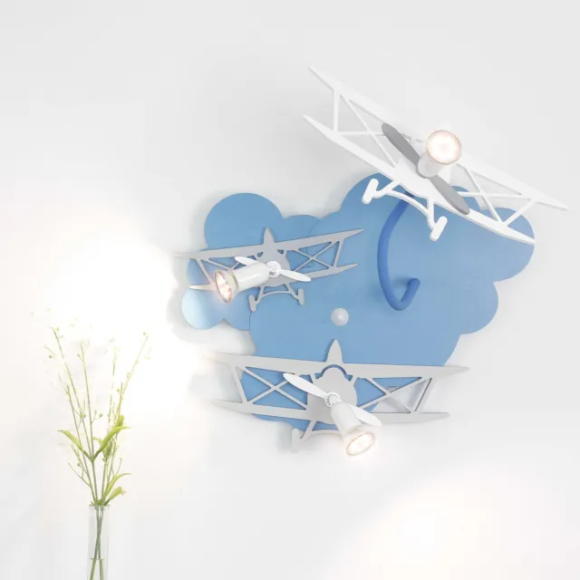 Lampada Parete Bambini Camera GU10 Blu Aeroplani Legno Regolabile