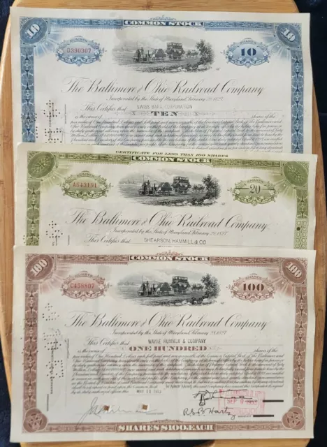 1950s Stock Certificate Baltimore and Ohio Railroad Set of Three Colors