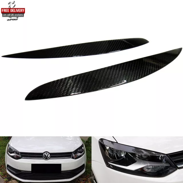 2x Genuine Carbon Fibre Headlight Cover Eyelid Eyebrow For VW Polo MK5 GTI 09-17