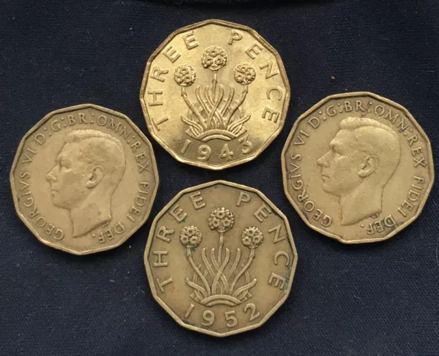 King George V1 *1937_1952* Three Pence Coins - Brass-Nickel / Buy 4 Get 2 Free