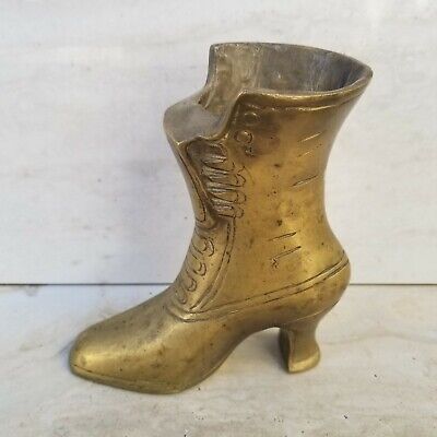 Vintage Solid Heavy Brass Victorian BOOT SHOE paperweight Planter Vase 4.5"