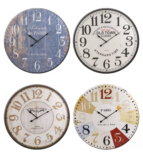 60cm Extra Large Round Wooden Wall Clock Vintage Retro Antique Distressed Style