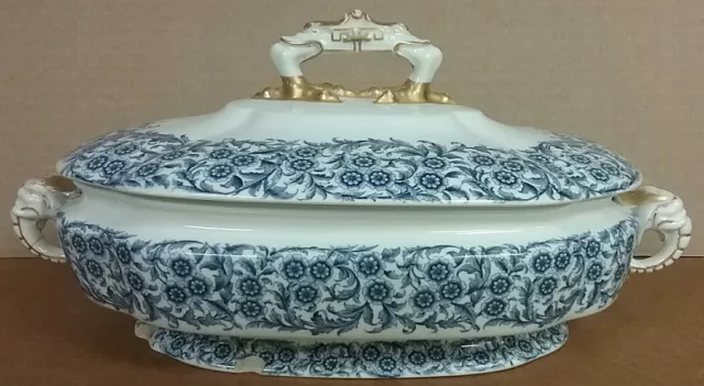 Royal Worcester 1870's Elephant Handle Casserole Blue White Corn Flower Florals