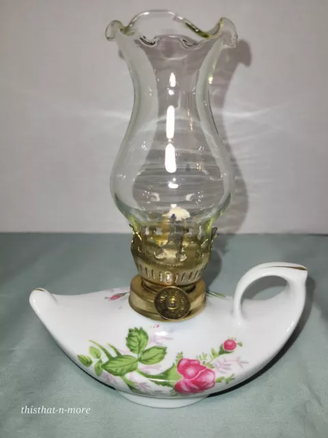 Cottage Rose Mini Oil Lamp White Porcelain W/ Pink Roses & Clear Glass Chimney