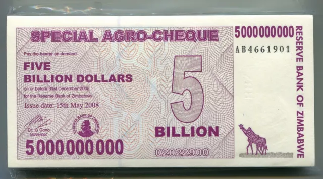 Zimbabwe 5 milliards de dollars 2008 Agro Check UNC Banknote P61 - Lot de...