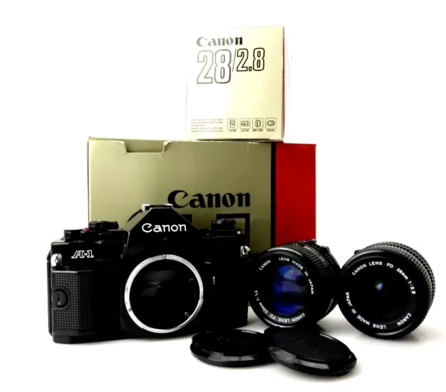 Canon A1 SLR camera FD 50mm f1,4 FD 28mm f2,8 1421914 boxed top js051
