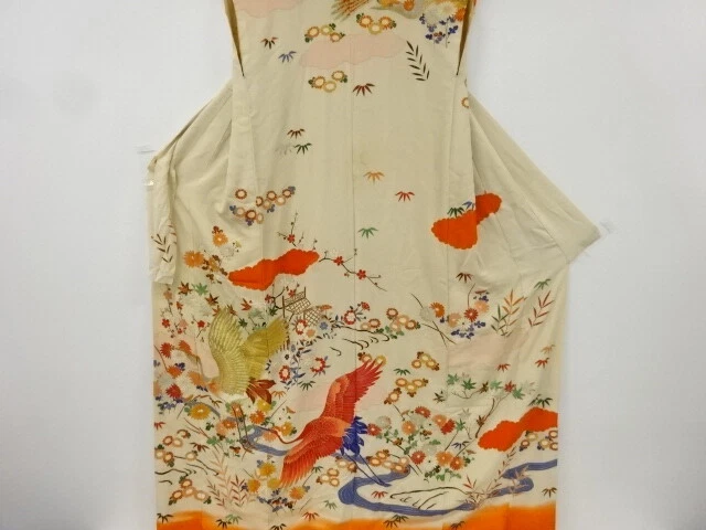 6862064: Japanese Kimono / Antique Furisode / Kinsha / Embroidery / Crane &