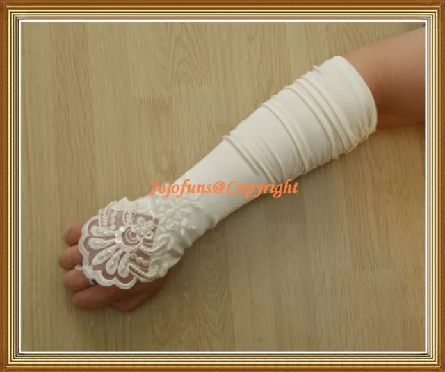 Satin IVORY FINGERLESS BRIDAL WEDDING PROM THEATRE GLOVE,Lace pearls sequin