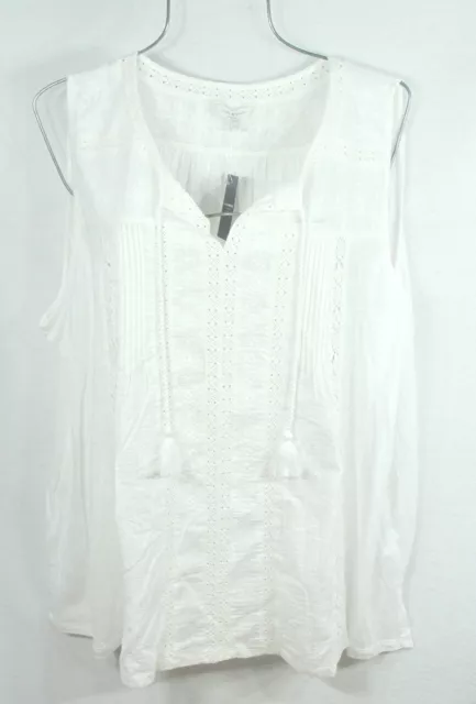 Lucky Brand Womens Shirt 3X Pleaded White Embroidered lace Tassel Tie top Blouse